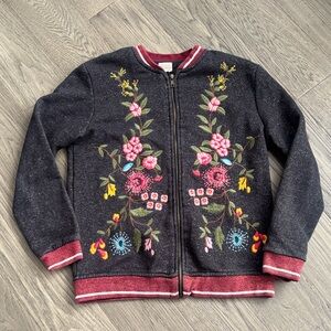 Zara | Girls Gray Floral Embroidered Full Zip Metallic Bomber Jacket Sz 11/12